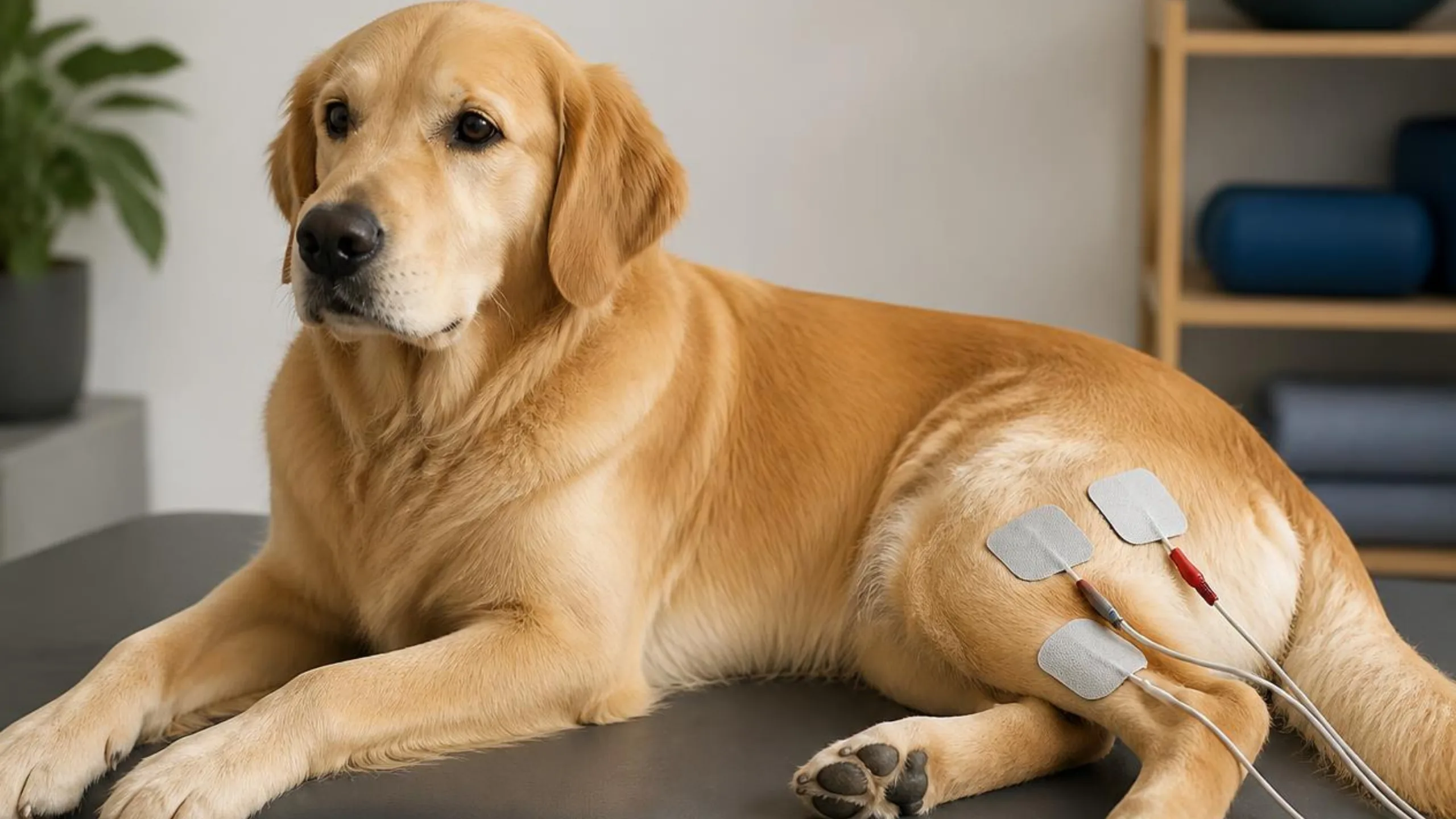 Liegender Hund mit Elektroden-Pads am Hinterbein